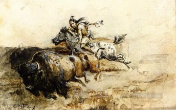 Amerikanischer Indianer Werke - Büffeljäger Charles Marion Russell Indianer